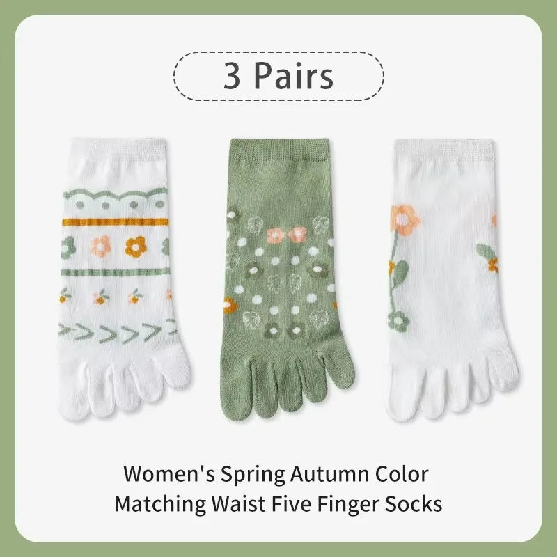 3 Pairs of Women's Spring and sSummer Season Cute and Sweet Fashionable Striped Flower Comfortable Five-finger Split-toe Socks