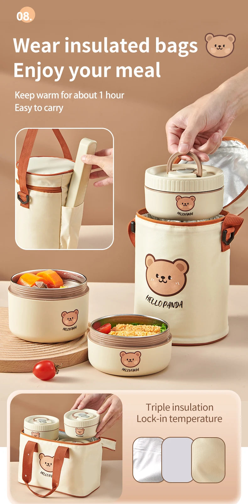 WORTHBUY Portable Insulated Lunch Box 304 Stainless Steel Thermal Bento Box Leak Proof Microwave Safe Salad Food Container Box