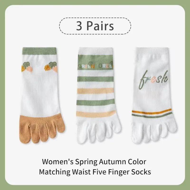 3 Pairs of Women's Spring and sSummer Season Cute and Sweet Fashionable Striped Flower Comfortable Five-finger Split-toe Socks