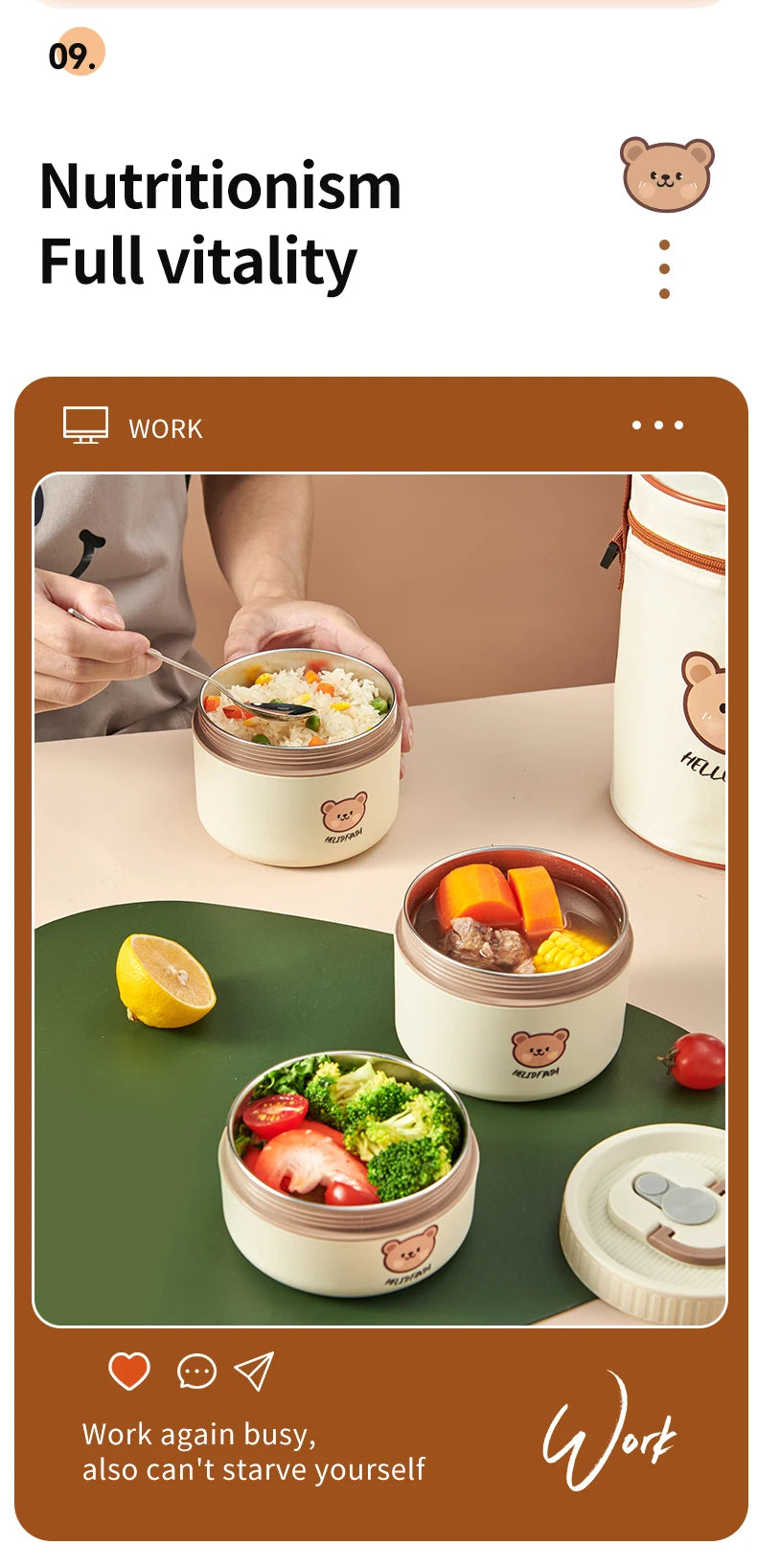 WORTHBUY Portable Insulated Lunch Box 304 Stainless Steel Thermal Bento Box Leak Proof Microwave Safe Salad Food Container Box